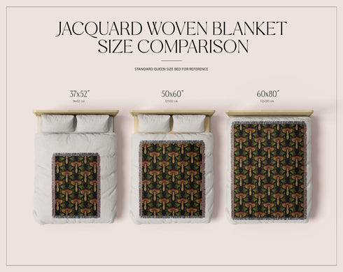 A woven cotton throw featuring an intricate mushroom and foliage pattern in deep charcoal and golden hues, framed by soft fringe.